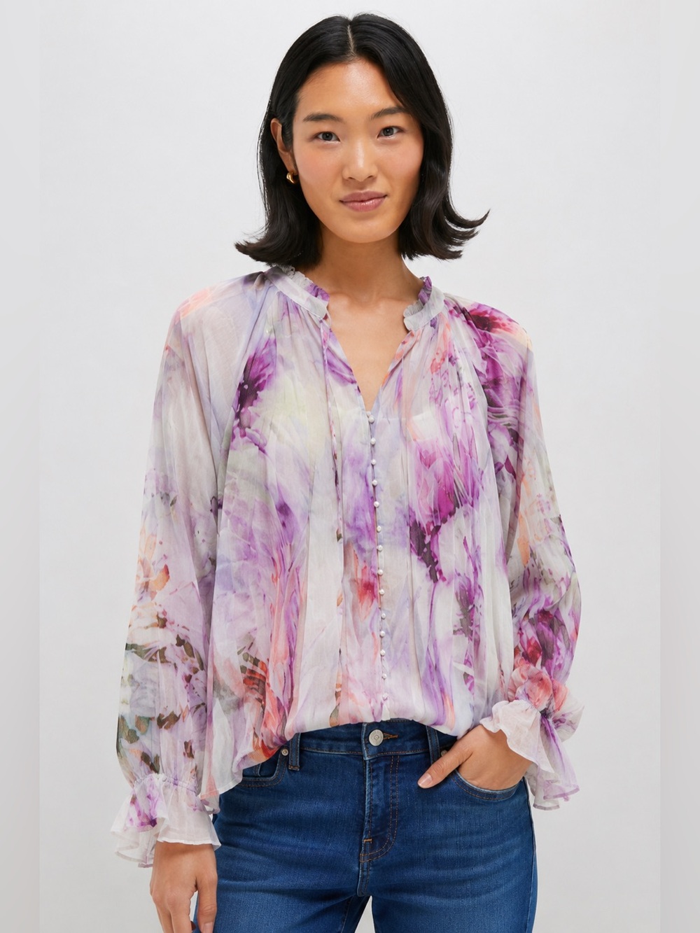 Lola & Sophie Watercolor Sheer Blouse Long Sleeve Button Front XS **16